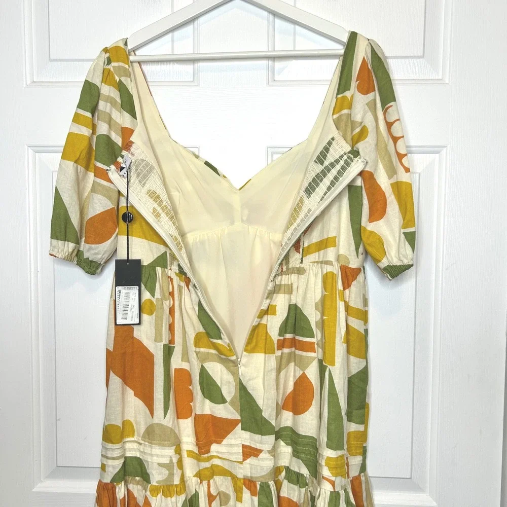 Gianni Bini NWT Tory Linen Orange Green Geometric Print Mini‎ Dress Size 8